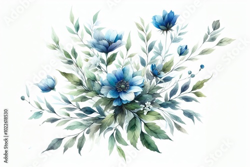 Blumenstrauß mit blauen Blüten und grünen Blättern auf weißem Hintergrund, Wasserfarben. Perfekt für Postka mit einem Plazu für Text. Generative KI.