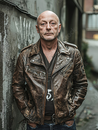 Portrait of a mature bald man with a serious expression wearing a worn brown leather jacket and standing in an urban alleyway with a gritty background