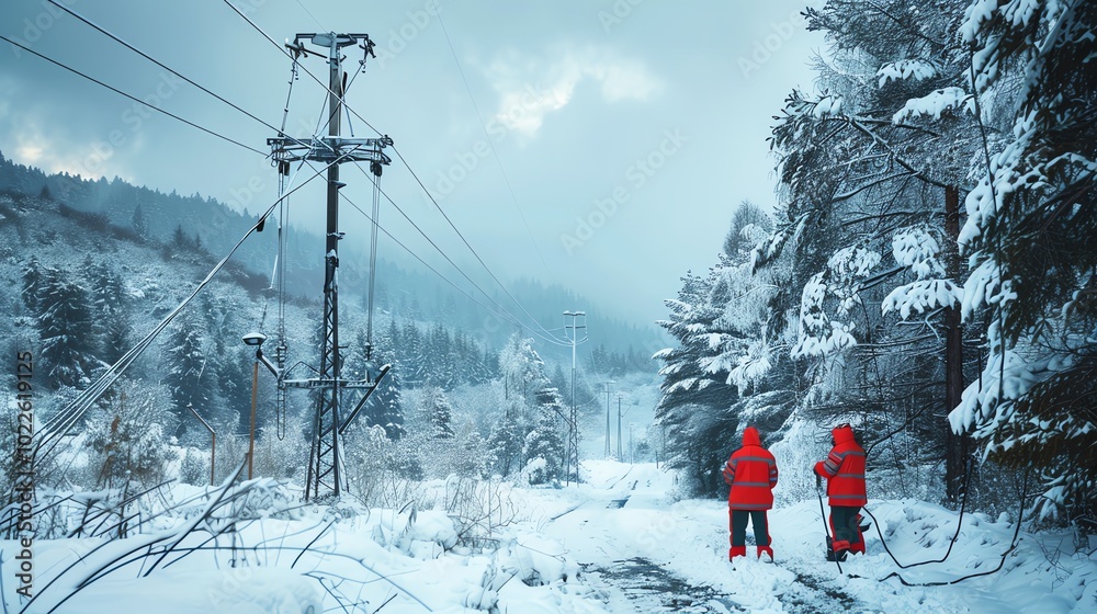 Two individuals in red jackets standing on a snowy landscape with power lines. Two individuals in red jackets standing on a snowy landscape with power lines.