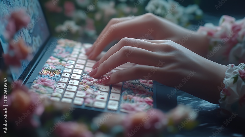 A photograph of hands typing on a keyboard with a delicate floral cover, soft light from a nearby window, background blurred with matching floral elements, A photograph of hands typing on a keyboard with a delicate floral cover, soft light from a nearby window, background blurred with matching floral elements,