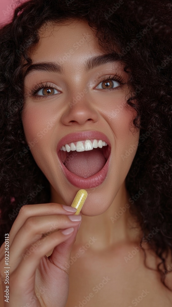 The woman is smiling widely, holding a fish oil capsule close to her mouth. The background is colorful, emphasizing a lively and healthy lifestyle choice The woman is smiling widely, holding a fish oil capsule close to her mouth. The background is colorful, emphasizing a lively and healthy lifestyle choice