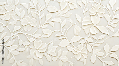 A close-up of a white wall adorned with intricate, embossed floral patterns. 