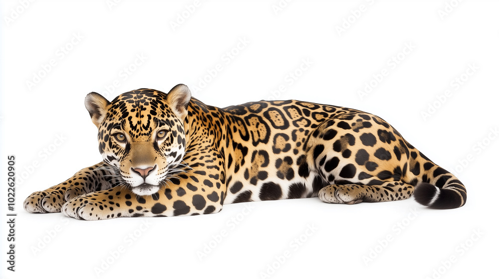 Fototapeta premium Powerful Jaguar Resting on White Background