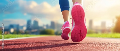 The sun illuminates a vibrant city skyline as a runner strides forward on a red track. The atmosphere is energetic and hopeful, perfect for a marathon run photo