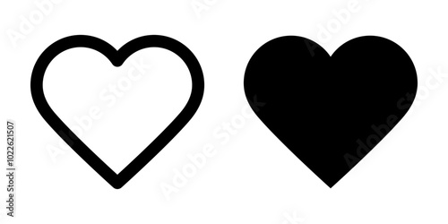Vector isolated heart icon set in black outline and fill