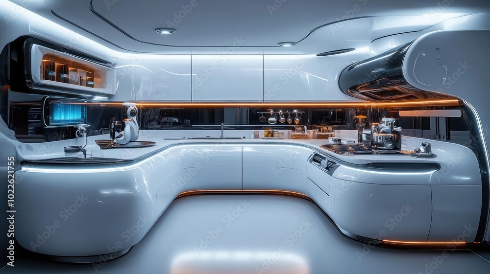 Fototapeta premium Futuristic kitchen, with glowing appliances and robotic chefs