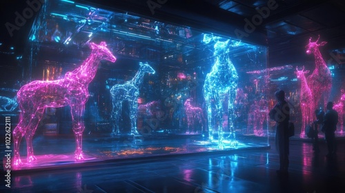 Futuristic petting zoo, with glowing, robotic animals