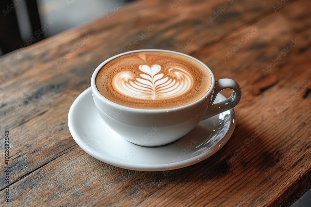 Fototapeta premium A cup of cappuccino with latte art on a wooden table.