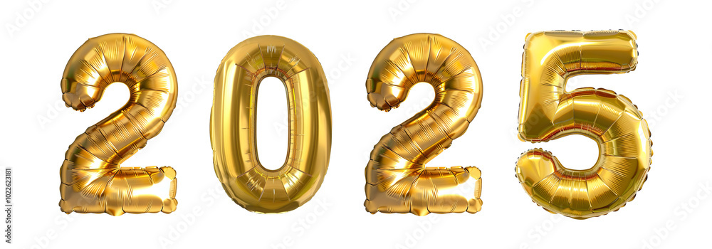 Happy new year 2025 made with gold foil balloon isolated on transparent background Happy new year 2025 made with gold foil balloon isolated on transparent background