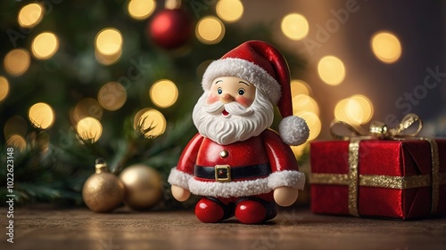 Close-up photo for Christmas and New Year, cute Santa Claus doll and celebration decorations.