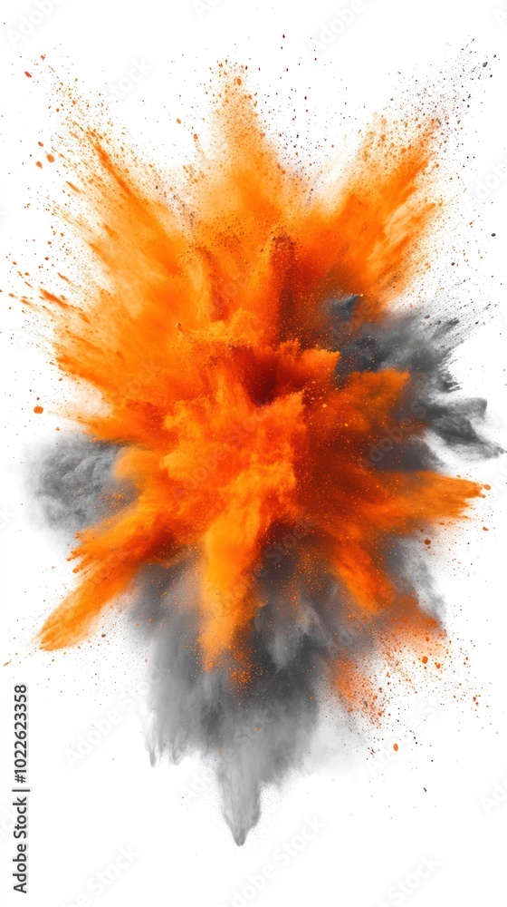 An explosion of orange and gray powder creates a dynamic, energetic visual effect. An explosion of orange and gray powder creates a dynamic, energetic visual effect.