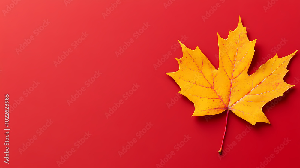 Autumn art with a single maple leaf on a red background Autumn art with a single maple leaf on a red background