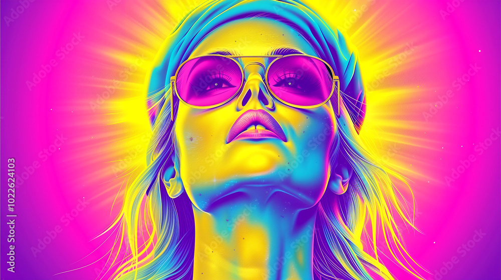 A woman with sunglasses on her face is the main subject of the image. The image is a colorful and vibrant representation of a woman, with a bright yellow background. The woman is wearing sunglasses A woman with sunglasses on her face is the main subject of the image. The image is a colorful and vibrant representation of a woman, with a bright yellow background. The woman is wearing sunglasses