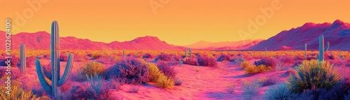 Neon-colored desert landscape, with digital sand dunes and glitching cacti photo