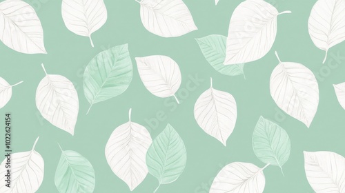 seamless pattern with white leaves on mint green background 