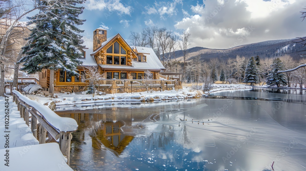 Fototapeta premium Charming cabin by frozen lake in winter scenery
