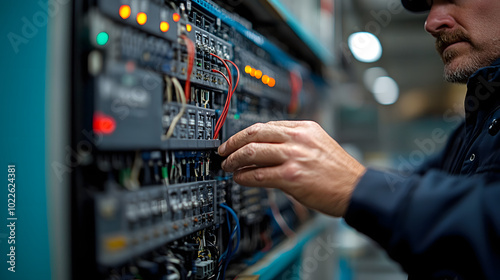 A highly realistic close-up shot of a technician maintaining an electrical panel, showcasing precise and professional work. The image emphasizes the importance of safety, technical skill, and expertis photo