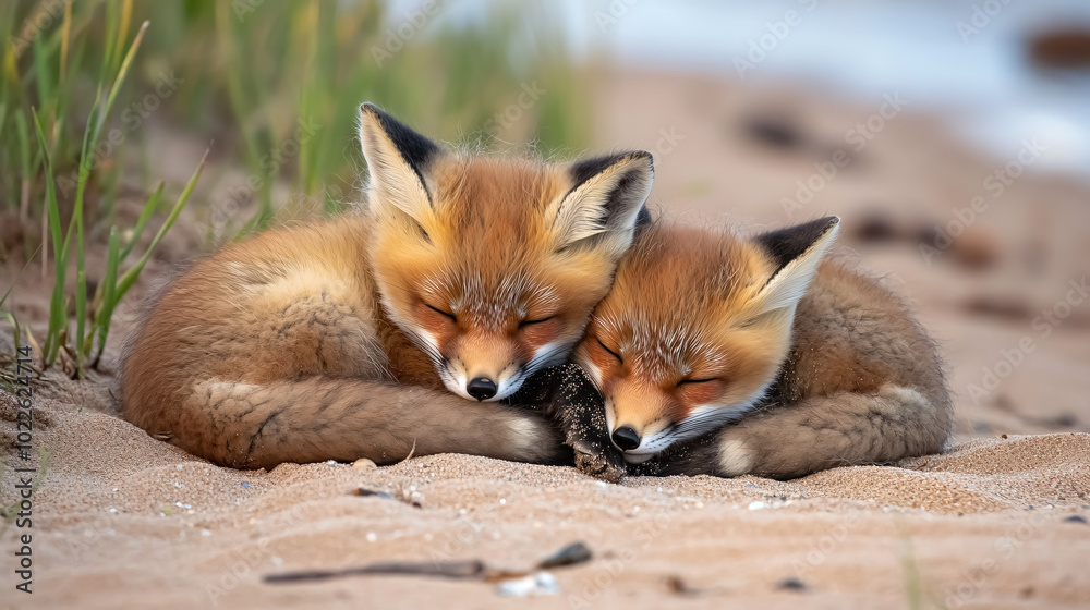 Fototapeta premium Wild Baby Red Foxes Cuddling: Wild baby red foxes cuddling on the beach in Nova Scotia, Canada, from June 2020.