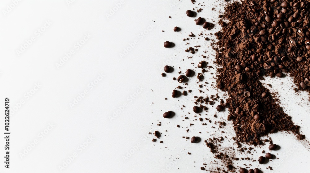 A pile of coffee grounds scattered on a white surface. A pile of coffee grounds scattered on a white surface.