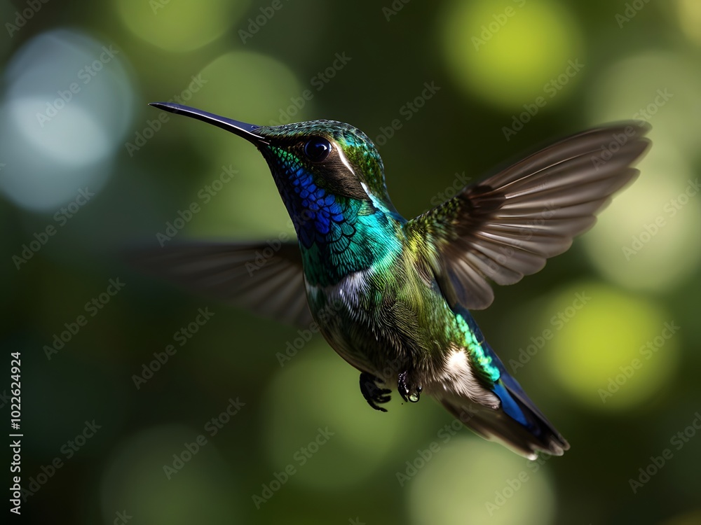 Fototapeta premium A hummingbird is flying over some flowers and the bird is flying away