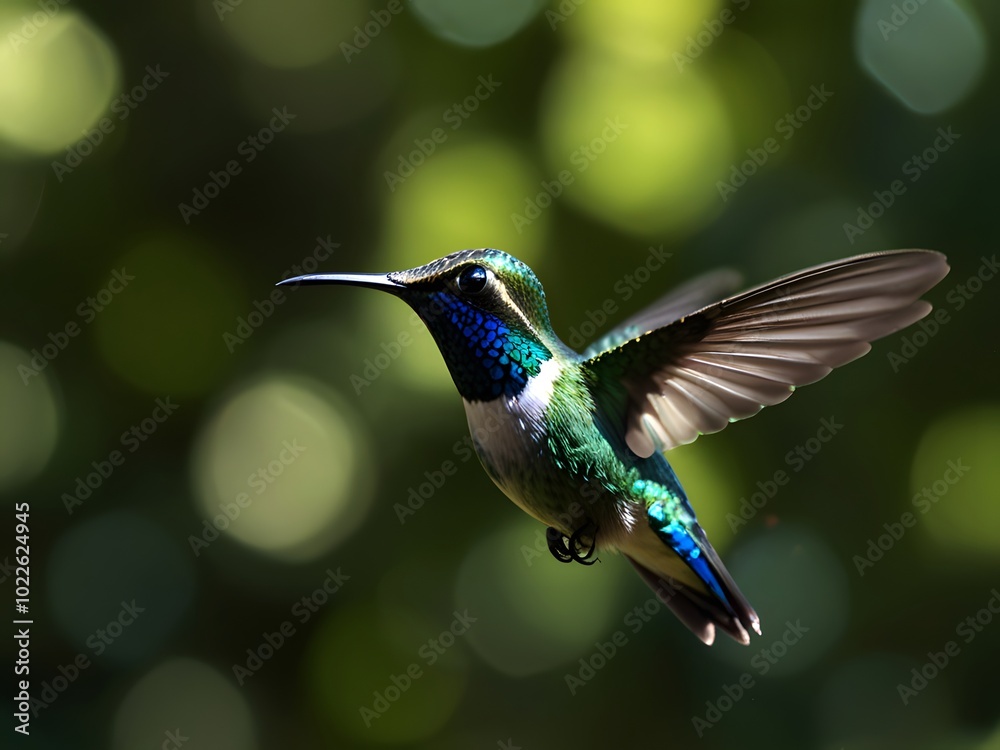 Obraz premium A hummingbird is flying over some flowers and the bird is flying away