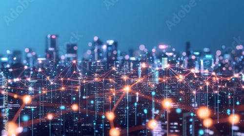 Wallpaper Mural Futuristic Urban Connectivity - Hyper Detailed 3D City Skyline at Twilight with Glowing Networks and Abstract Digital Elements Torontodigital.ca