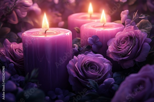 Three burning purple candles surrounded by blooming purple roses.