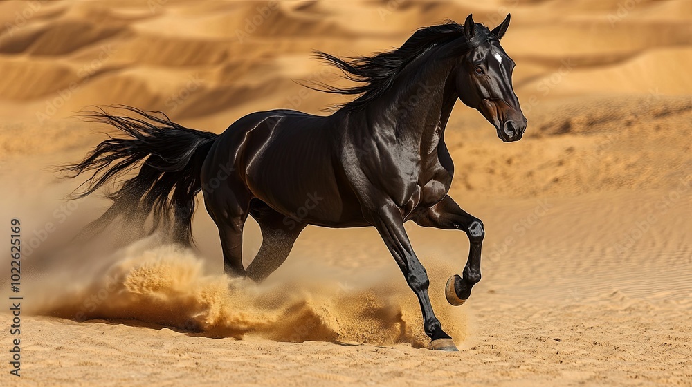 Black Horse Running Through Desert Sand Black Horse Running Through Desert Sand