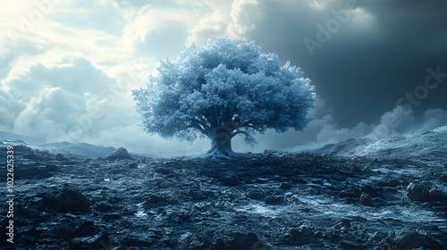 A striking and surreal blue and white tree stands alone in the center of a charred, barren landscape, evoking a powerful contrast between destruction and resilience. This visually stunning scene empha photo