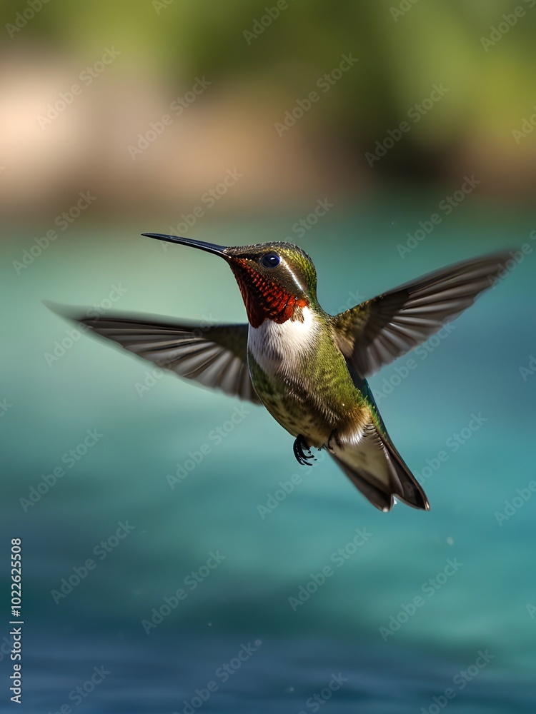 Fototapeta premium A hummingbird is flying over some flowers and the bird is flying away