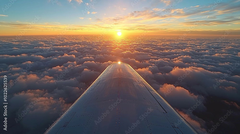 Airplane Wing Above the Clouds at Sunset Airplane Wing Above the Clouds at Sunset