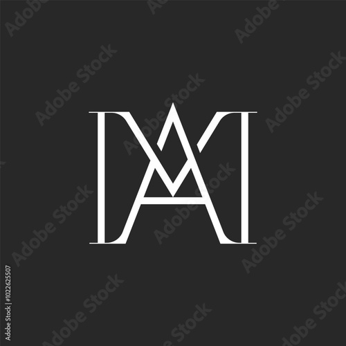 Refined dual-letter MA or AM monogram logo in minimal black and white style, roman serif font two letters M and A for a classic emblem for luxury branding, creative design projects, visual identities.