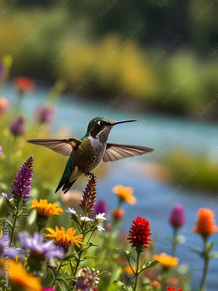 Fototapeta premium A hummingbird is flying over some flowers and the bird is flying away