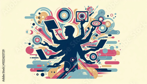 Dynamic illustration of a person multitasking with multiple arms holding various digital devices, symbolizing productivity and the modern digital era