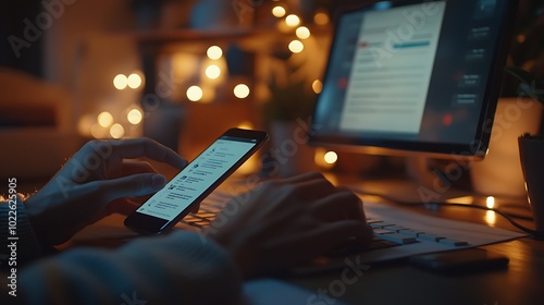 Close-up of hands typing on a keyboard, a smartphone with email notifications displayed on the screen beside it, soft lighting, background with blurred office environment,