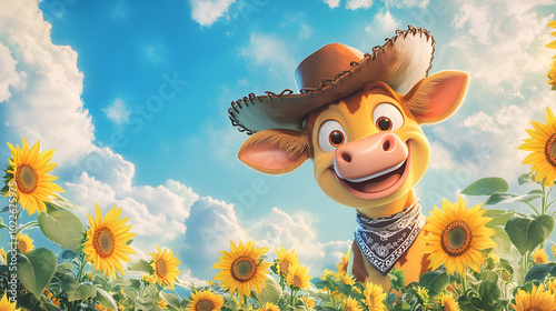 A smiling cartoon cow wearing a cowboy hat and bandana stands confidently in a bright green meadow surrounded by fluffy white clouds and sunflowers. photo