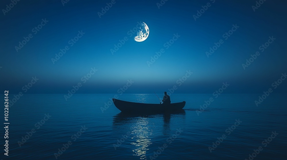 A Solitary Figure in a Boat Under a Crescent Moon A Solitary Figure in a Boat Under a Crescent Moon