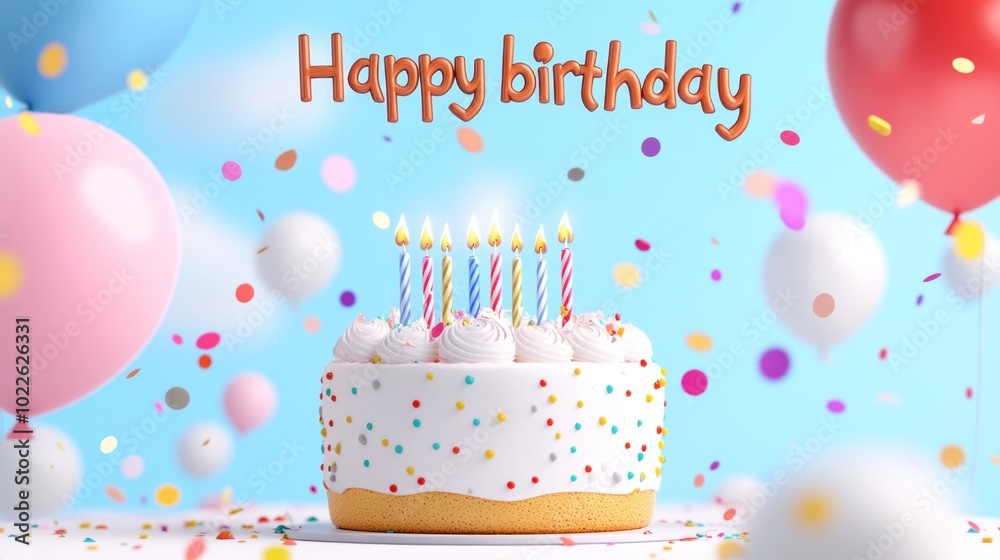 Colorful birthday cake with lit candles and balloons on blue background. Celebration, joy, and festive occasions. Colorful birthday cake with lit candles and balloons on blue background. Celebration, joy, and festive occasions.