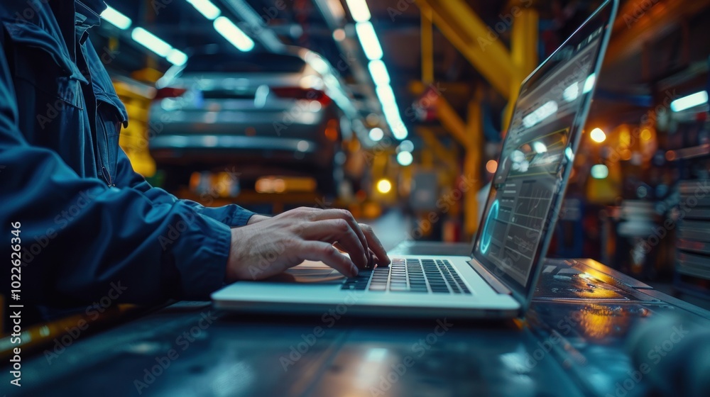 Mechanic typing on laptop in bustling auto repair shop with car on lift. Automotive technology and modern repair services. Mechanic typing on laptop in bustling auto repair shop with car on lift. Automotive technology and modern repair services.