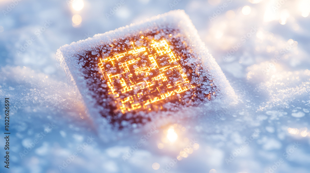 Discover a frost-kissed QR code on a pristine white background. This ...