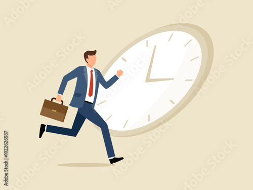 時間を考えて鞄を持って走るスーツ姿の男性のフラットなベクターイラスト画像