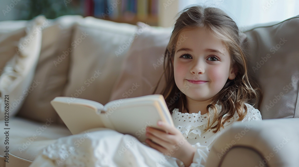 Cute little girl reading a book while sitting on the couch at home. Cute little girl reading a book while sitting on the couch at home.