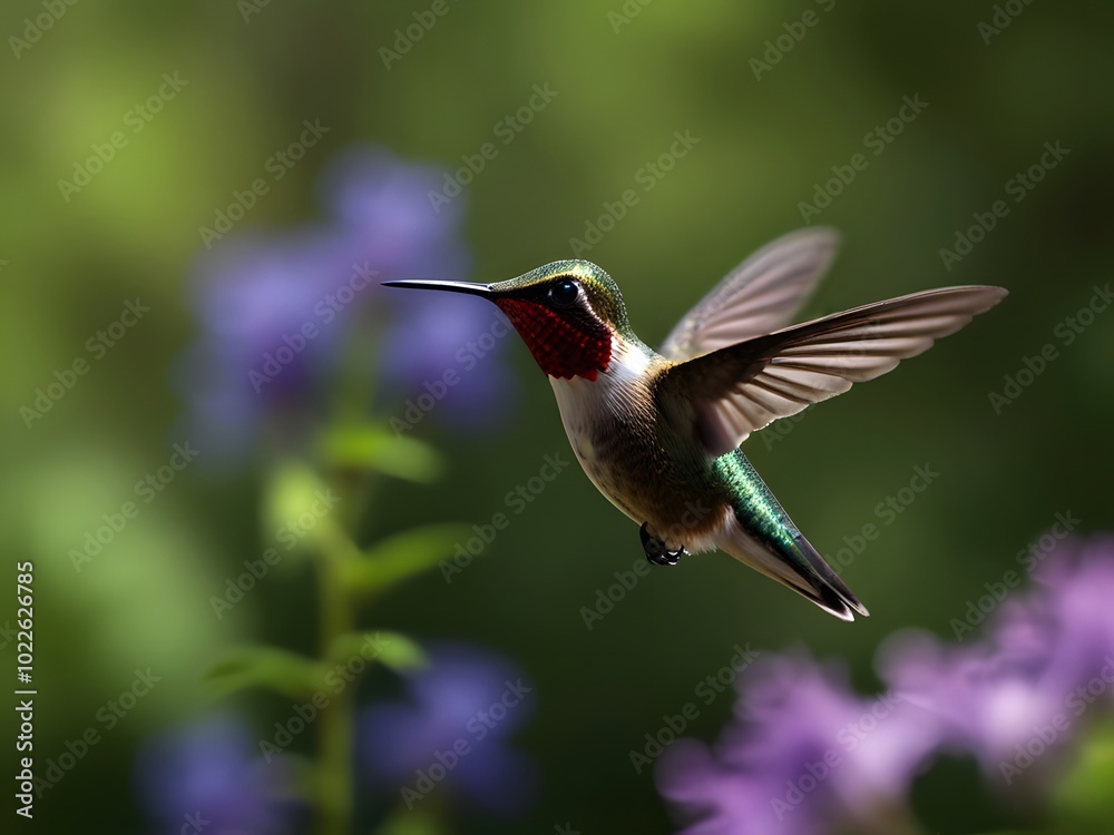 Fototapeta premium A hummingbird is flying over some flowers and the bird is flying away