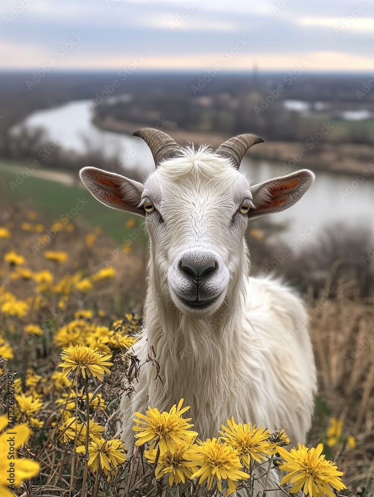 White goat among yellow wildflowers with river and landscape in the background. Nature, agriculture, and tranquility in a rural setting. White goat among yellow wildflowers with river and landscape in the background. Nature, agriculture, and tranquility in a rural setting.