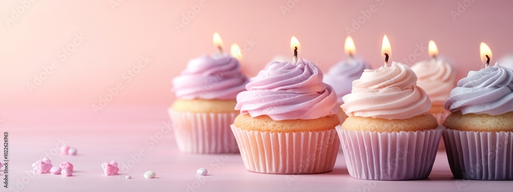 Colorful cupcakes with lit candles on pink background creating a festive atmosphere. perfect for celebrations, birthdays, and special occasions featuring desserts and sweets. Colorful cupcakes with lit candles on pink background creating a festive atmosphere. perfect for celebrations, birthdays, and special occasions featuring desserts and sweets.