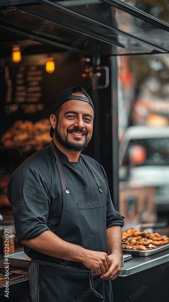Cheerful chef posing for photos in front of a food truck. In a contemporary setting, a commercial truck is serving street cuisine. Cheerful chef posing for photos in front of a food truck. In a contemporary setting, a commercial truck is serving street cuisine.