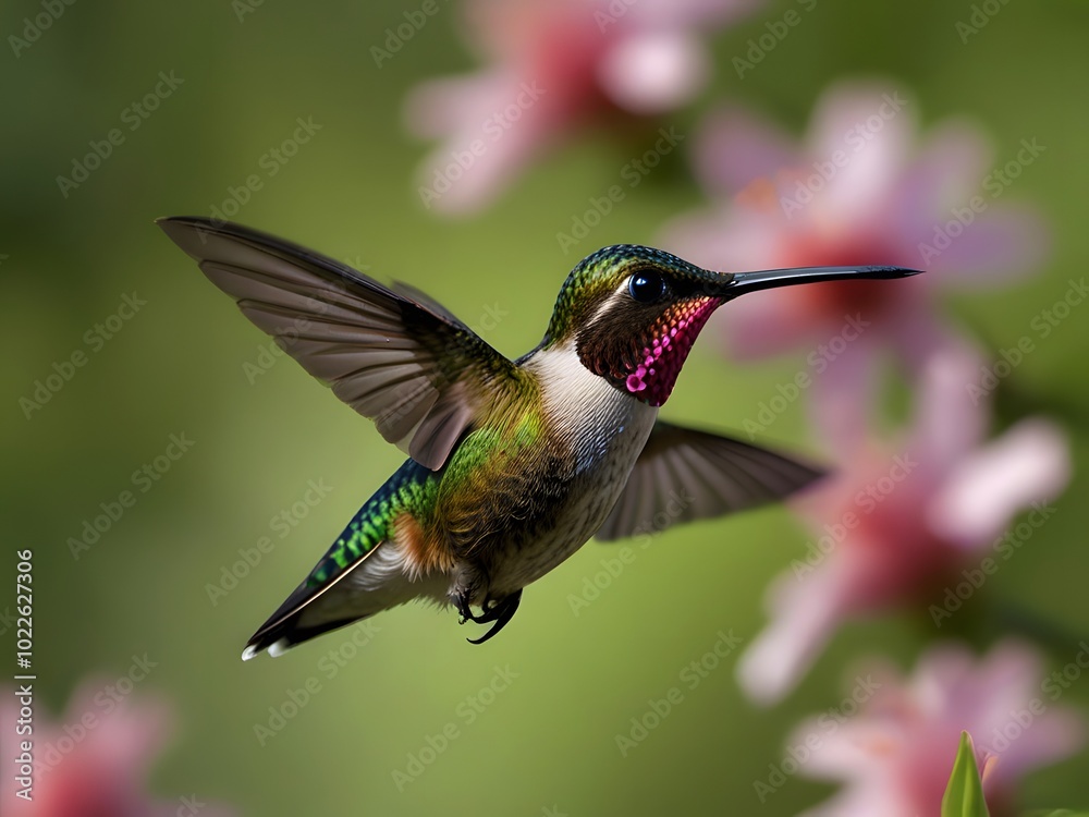 Naklejka premium A hummingbird is flying over some flowers and the bird is flying away