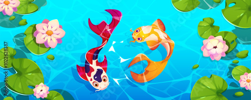 Chinese koi fish and lotus top view pond vector background. Japanese wallpaper with flower bloom, leaf and goldfish in spring. Ripplel lake water texture. Oriental graphic with swimming red animal