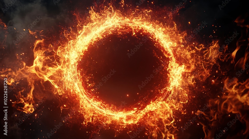A fiery ring of flames against a dark background, with sparks and smoke, creating a dramatic and intense visual. A fiery ring of flames against a dark background, with sparks and smoke, creating a dramatic and intense visual.