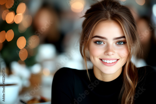 A woman with blonde hair and blue eyes is smiling at the camera. She is wearing a black dress and has her hair in a ponytail
